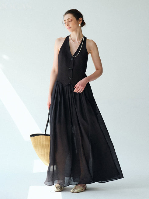 Pure Linen Slub-Texture Halter Waistcoat Maxi Dress – Old Money Summer Statement Dress