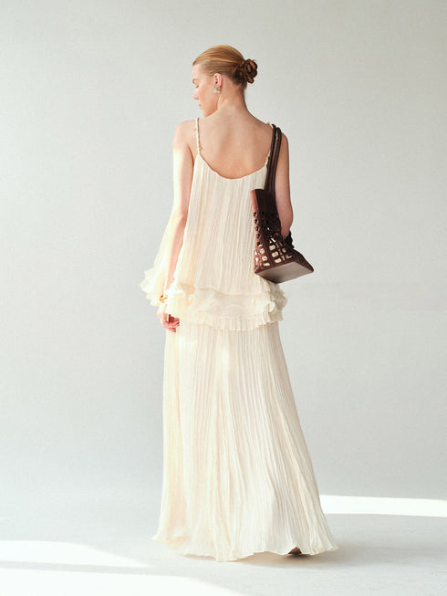 Pearlescent Crinkled Silk-Feel Camisole & A-Line Maxi Skirt Set – Braided V-Neck Resort Occasion Ensemble