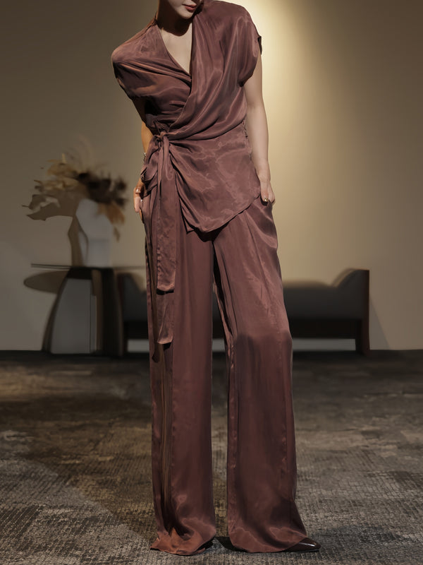 Luxury Satin-Texture Wrap V-Neck Tie Blouse & High-Waisted Wide-Leg Pants Set