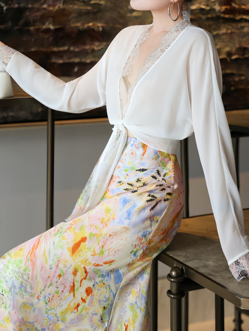 Lace-Trim Sheer Tie-Front Sun Cardigan & Printed Mermaid Skirt Set – Lightweight Resort Elegance