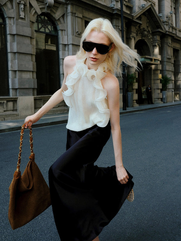Luxury Cupro-Blend 3D Ruffle Halter Top – Sleeveless Couture Statement Blouse