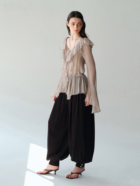 Cupro-Blend Ruffled V-Neck Blouse – Sheer Crinkled Bell-Sleeve Romantic Top
