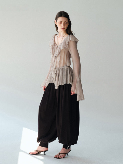 Luxury Cupro-Blend Ruffle V-Neck Blouse – Draped Bell Sleeve Romantic Top