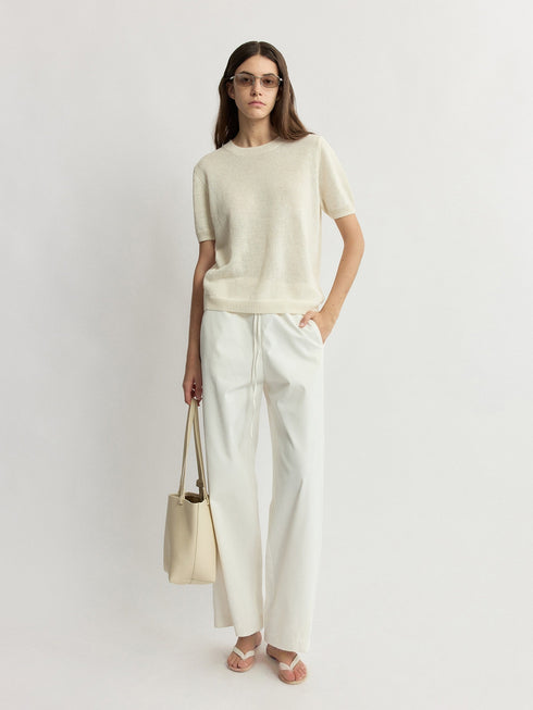Textured Banana Linen Breathable Knit Tee - Relaxed Luxury Crewneck Summer Top
