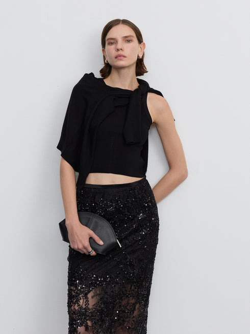 Black Sequin Lace Overlay Midi Skirt – Detachable Double-Layer Evening Statement Skirt