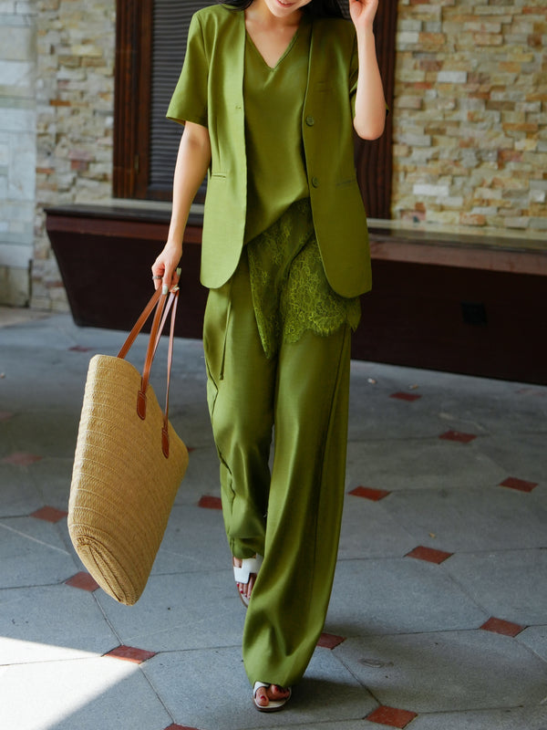 Old Money Linen Tailored Suit Set – Sleeveless V‑Neck Top, Lace Layer Detail, Relaxed Blazer & Wide‑Leg Pants