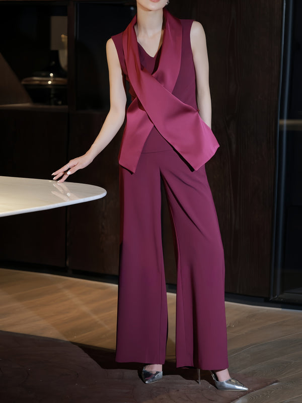 Luxury Acetate Cross‑Front Vest & Wide‑Leg Pants Set – Draped Collar Tailored Two‑Piece Suit