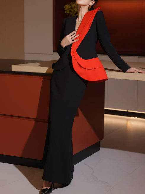 Contrast Ruffle Draped Blazer & High-Waist Maxi Skirt Set – Sculpted Waist Elegant Suit Ensemble