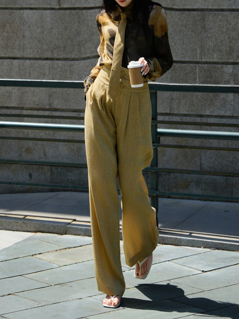 Vintage Printed Silk Blouse with Tie & High-Waist Wide-Leg Trousers Set – Elegant Workwear Ensemble