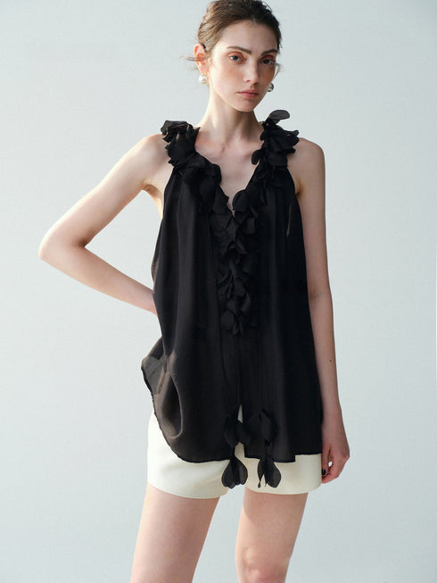 Luxury Cupro-Blend Ruffle V-Neck Draped Sleeveless Camisole Top
