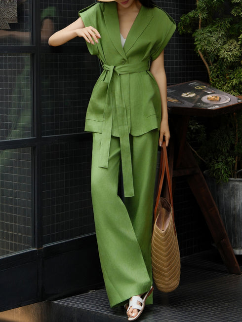 100% Linen Belted Vest & Wide-Leg Pants Set – Relaxed Tailored Summer Suit