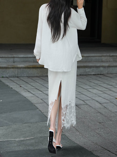 French Vintage Linen Embroidered Shirt & Lace Maxi Skirt Set – Luxury Butterfly Cutwork Summer Ensemble