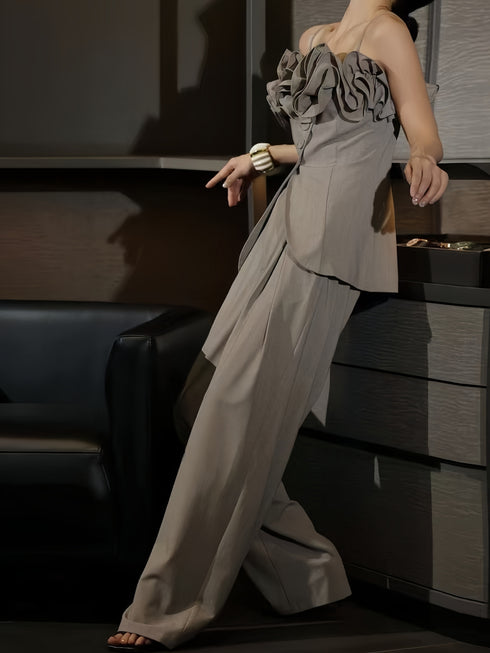 Off-Shoulder Ruffle Sculpted Top & Wide-Leg Pants Set – Designer Draped Two-Piece Ensemble