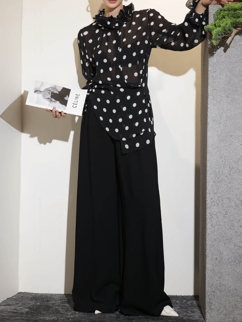 French Elegance Polka Dot Ruffle Blouse & Wide-Leg Pants Set – Effortless Spring Summer Statement Suit