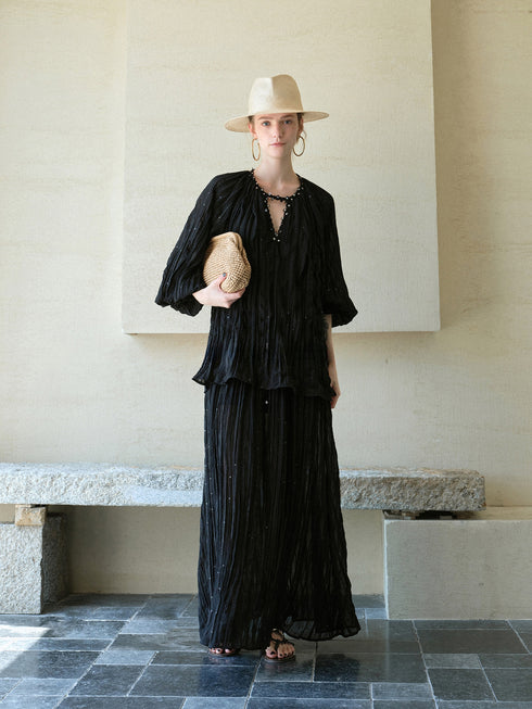 Sequin-Embellished French Pleated Chiffon Blouse – Ethereal Bohemian Sheer Goddess Top