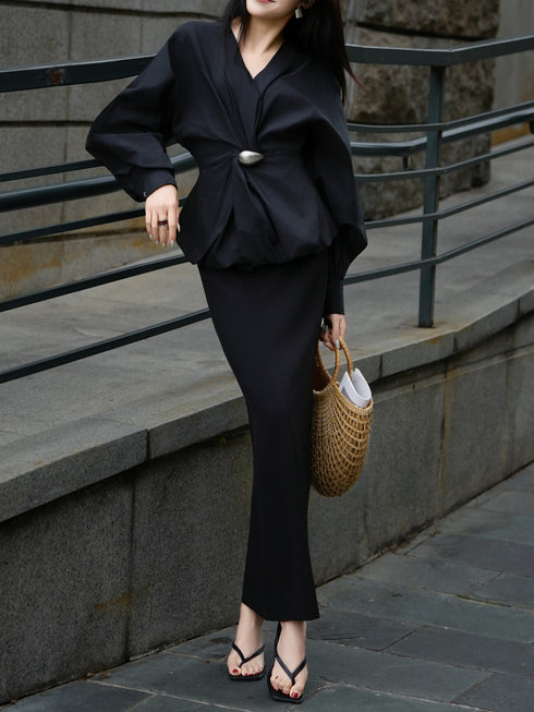 French Batwing Sleeve Cinched-Waist Blouse – Elegant V-Neck Draped Feminine Top
