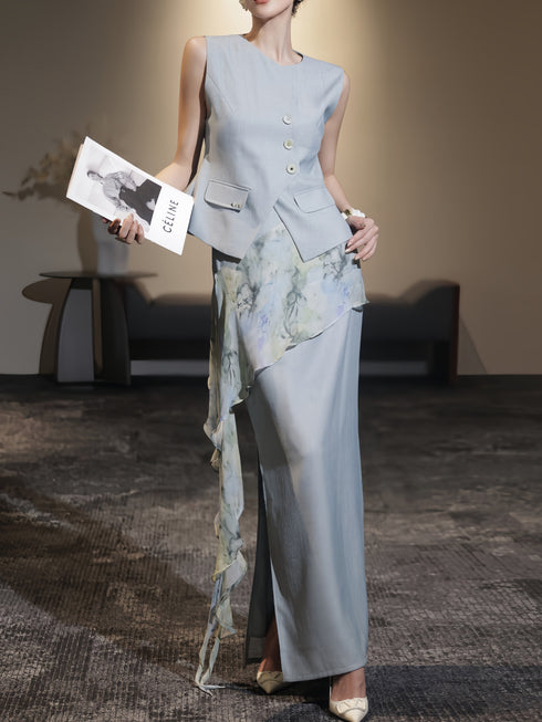 Mist Blue Ink-Wash Three-Piece Set – Tailored Waist Vest, Fluid Midi Skirt & Detachable Scarf Detail