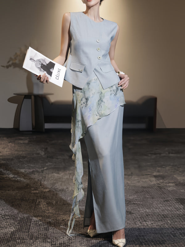 Mist Blue Ink-Wash Three-Piece Set – Tailored Waist Vest, Fluid Midi Skirt & Detachable Scarf Detail