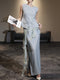 Mist Blue Ink-Wash Three-Piece Set – Tailored Waist Vest, Fluid Midi Skirt & Detachable Scarf Detail