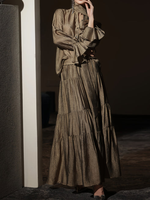 Elegant Tie-Neck Petal Sleeve Blouse & Flowing A-Line Maxi Skirt Set – Luxury Acetate Two‑Piece Ensemble