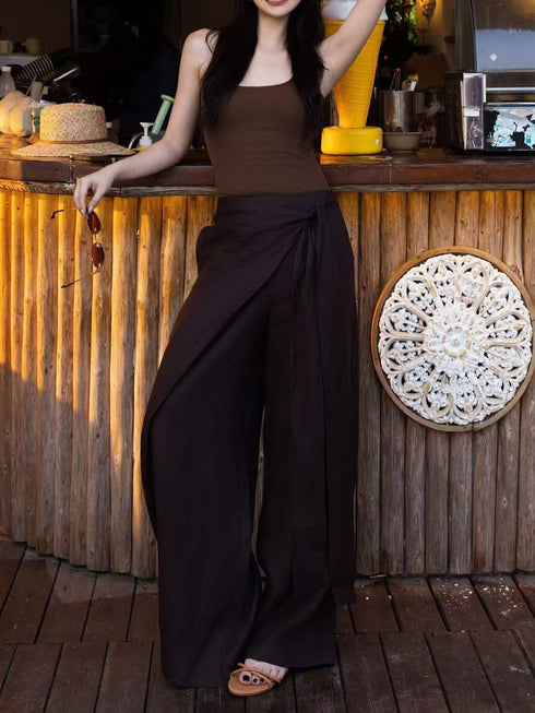 High-Waisted Asymmetric Wrap Linen Wide-Leg Pants – White Draped Resort Trousers