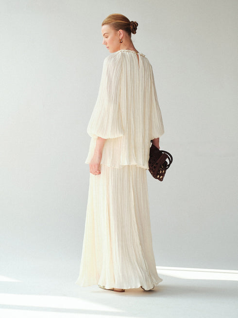 Soft-Lustre Island Silk Pleated Maxi Skirt – Irregular A-Line Resort Skirt in White