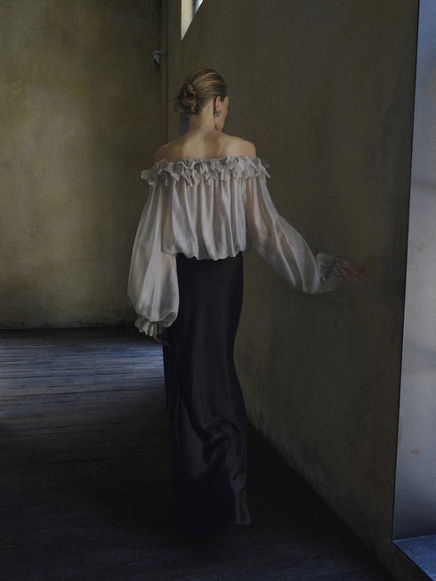 Petal Ruffle Off-Shoulder Cupro Blend Blouse – Sheer Romantic Balloon Sleeve Top