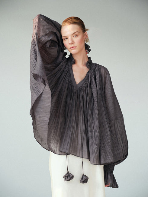 Lyocell‑Blend Pleated V‑Neck Ruffle Blouse – Sheer Lantern Sleeve Statement Top