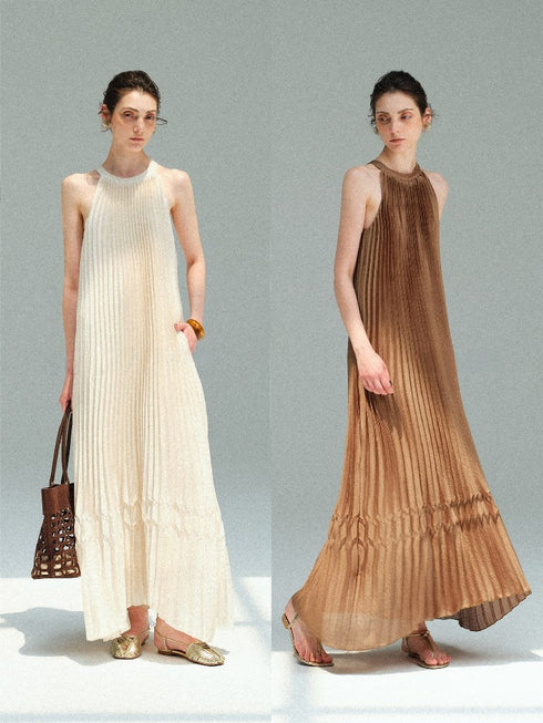 Couture Pleated Halter Neck Maxi Dress – Sleeveless Resort Vacation Dress