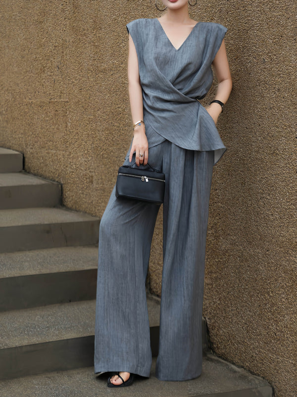 Tencel Linen Wrap V-Neck Top & Wide-Leg Pants Set – Effortless Old-Money Relaxed Two-Piece