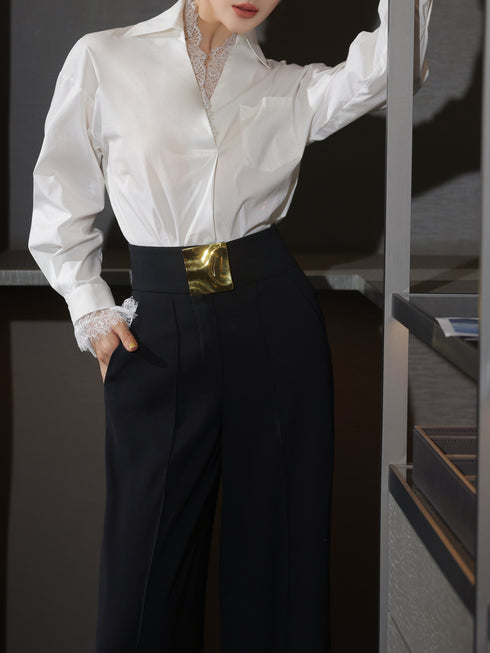 French Lace-Trim Polo Collar White Shirt – Elegant Long Sleeve Spring Blouse