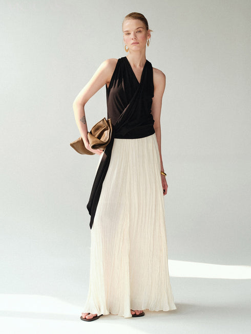 Soft-Lustre Island Silk Pleated Maxi Skirt – Irregular A-Line Resort Skirt in White