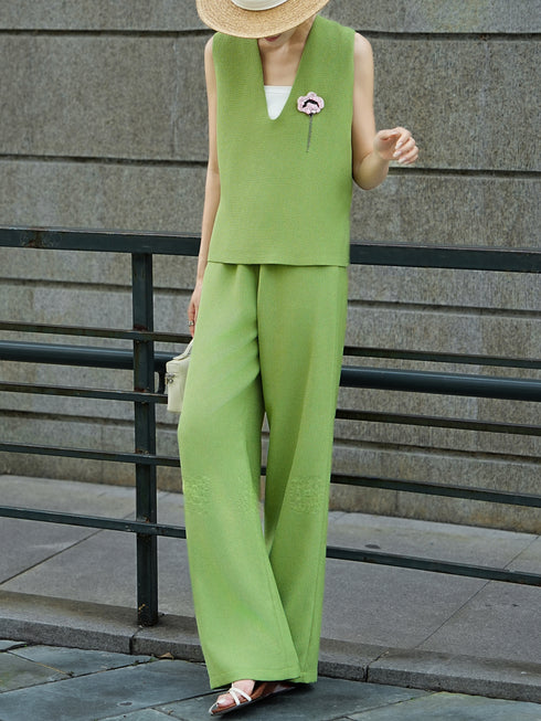 Textured V-Neck Sleeveless Top & Wide-Leg Pants Set – Minimalist Summer Two‑Piece Outfit