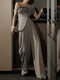 Off-Shoulder Ruffle Sculpted Top & Wide-Leg Pants Set – Designer Draped Two-Piece Ensemble