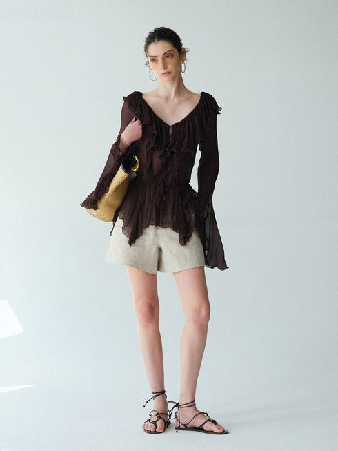 Luxury Cupro-Blend Ruffle V-Neck Blouse – Draped Bell Sleeve Romantic Top