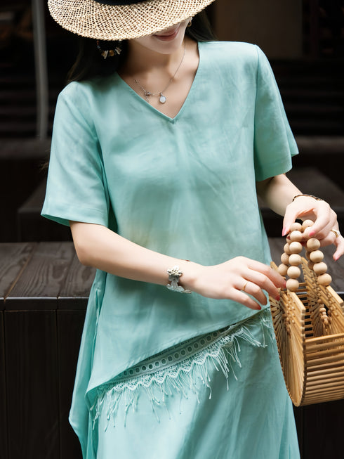 100% Linen Embroidered Lace Two‑Piece Set – Summer Side‑Tie Top and Maxi Skirt