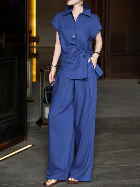 100% Linen Twisted-Drape Shirt & Wide-Leg Pants Set – Elegant Summer Formal Two-Piece Outfit