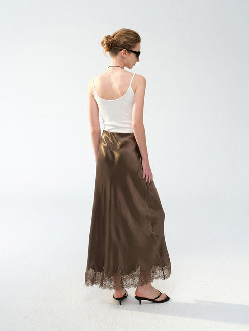 Acetate Satin U-Neck Tank & Lace-Trim Bias-Cut Maxi Skirt Set – Minimalist Luxury Slip Ensemble