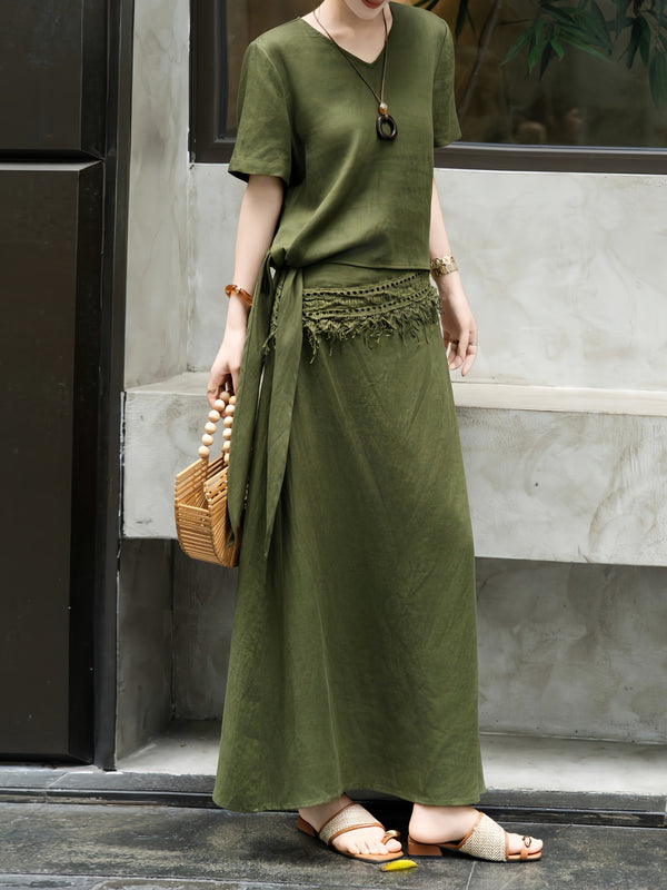 100% Linen Embroidered Lace Two‑Piece Set – Summer Side‑Tie Top and Maxi Skirt