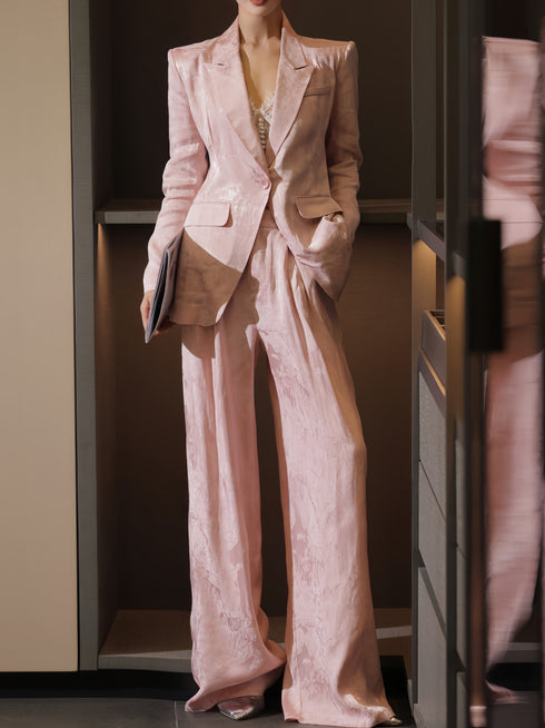 Luxury Jacquard Tailored Blazer & Wide-Leg Trouser Suit – Sculpted Waist Elegant Workwear Set