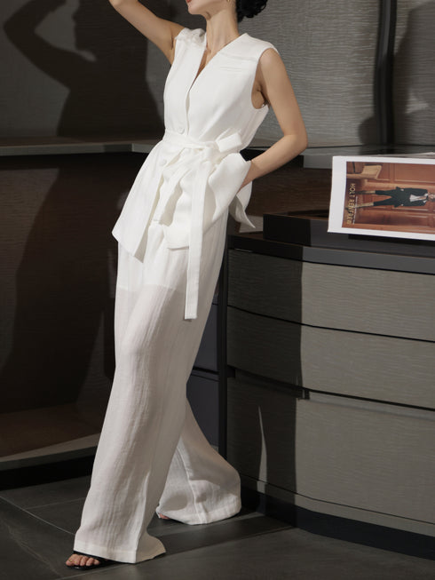 Sleeveless Tailored Vest & Wide-Leg Pants Set – Minimalist Summer Belted Two‑Piece Suit