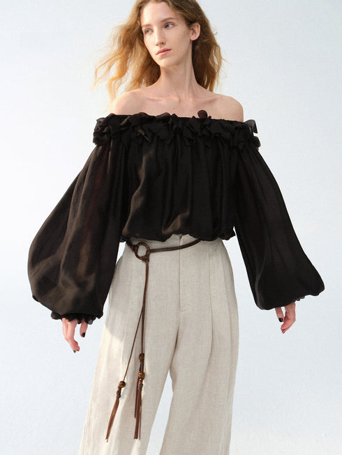 Petal Ruffle Off-Shoulder Cupro Blend Blouse – Sheer Romantic Balloon Sleeve Top