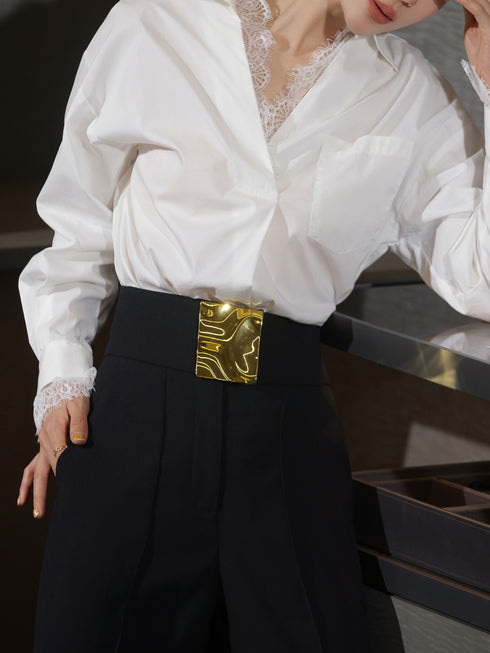 French Lace-Trim Polo Collar White Shirt – Elegant Long Sleeve Spring Blouse