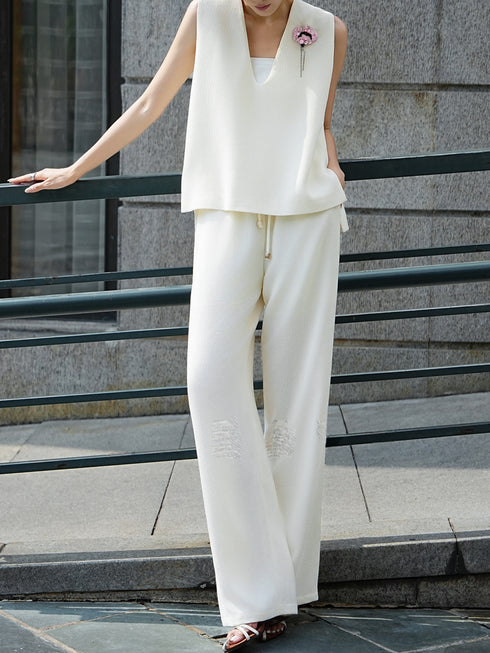 Textured V-Neck Sleeveless Top & Wide-Leg Pants Set – Minimalist Summer Two‑Piece Outfit