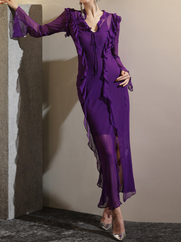 Ruffled Mulberry Silk Maxi Dress – Elegant Waist-Cinching Sheer Long Sleeve Summer Dress