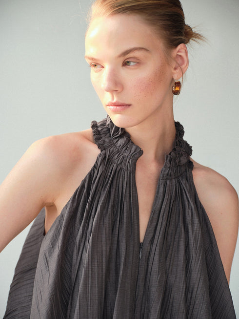 Lyocell–Acetate Blend Halter Ruffle Blouse – Pleated Draped Sleeveless Statement Top