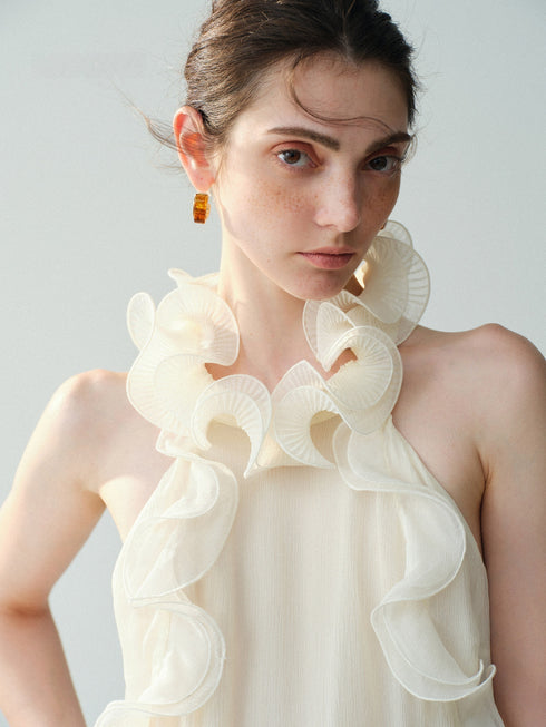Luxury Cupro-Blend 3D Ruffle Halter Top – Sleeveless Couture Statement Blouse