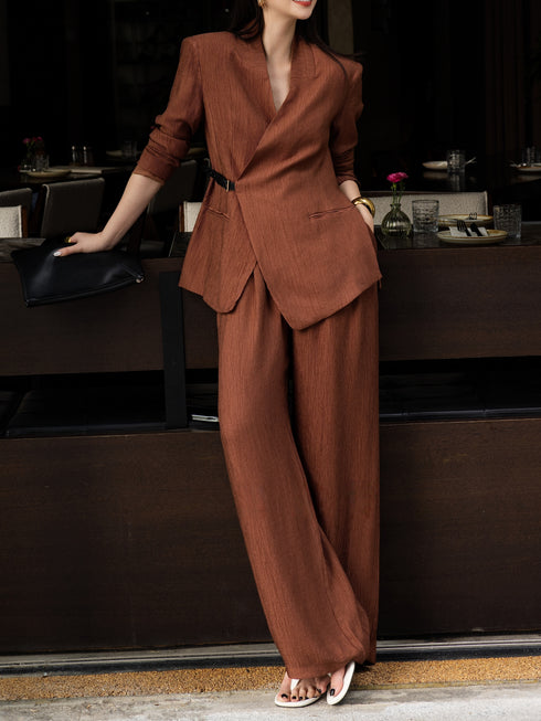 Elegant Textured Blazer & Wide-Leg Trouser Set – Belted Office Suit for Women