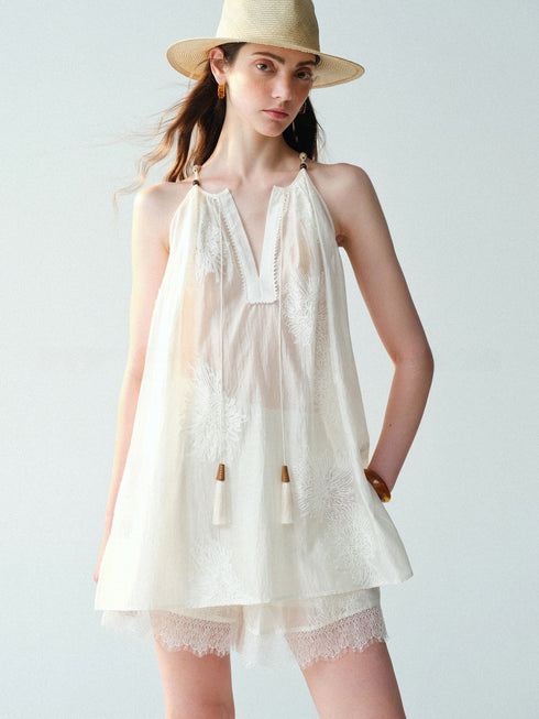 Lyocell Embroidered Tassel Halter Top – Lace-Trim Sleeveless Draped Blouse