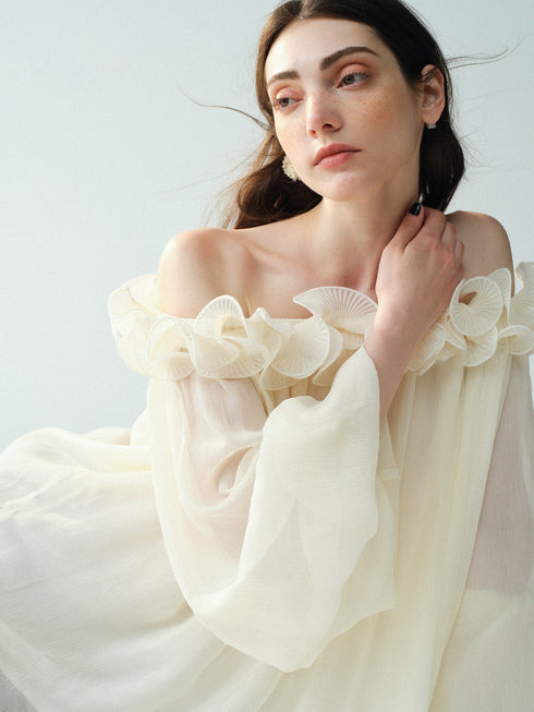 Cupro-Blend 3D Floral Off-Shoulder Blouse – Sheer Lantern Sleeve Couture Top